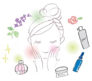 化粧品に囲まれる女性